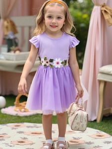 Mädchen Sommer Prinzessin Netz Kleid Flügelärmel Strick Patchwork Tüll Ballkleid Mit Stickerei Blumen Dekoration Party Kleidung