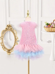 Pink sequin girls party dress with feather shoulders and colorful layered mesh tulle skirt