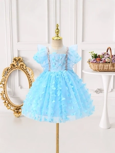 Robe princesse en tulle bleu clair pour filles avec papillons 3D et manches bouffantes