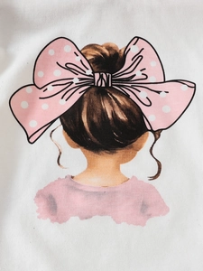 Girl's white cotton T-shirt featuring a cartoon girl with a pink bow graphic print