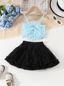 Ensemble été fille avec débardeur fleur 3D bleu et jupe tutu noire à plusieurs niveaux