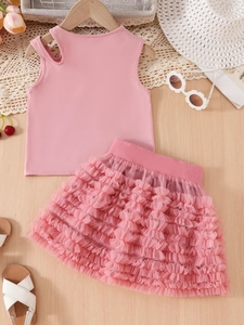 Pink sleeveless two-piece summer set with layered mesh tutu skirt for young girls