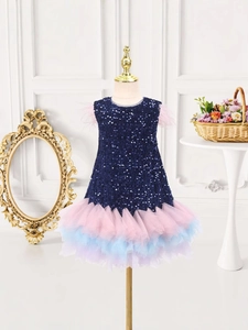 Sparkly sequin girls party dress with feather shoulders and gradient pastel tulle skirt