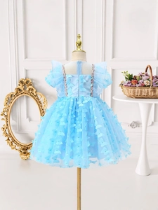 Robe de princesse bleu clair pour enfants avec papillons 3D et manches bouffantes