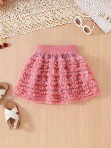 Pink multi-layer mesh tulle tutu skirt for girls with elastic waistband and pleated design