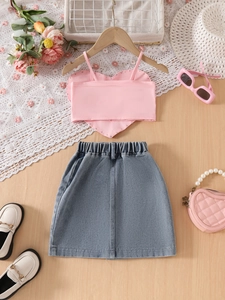 Girls summer denim skirt set with pink heart-shaped crop top and light blue denim skirt