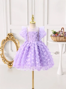Robe de princesse violette élégante pour filles avec papillons 3D et manches bouffantes