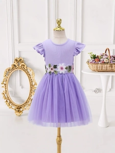 Lila Prinzessinnenkleid für Mädchen mit Flatterärmeln und 3D-Blumenstickerei