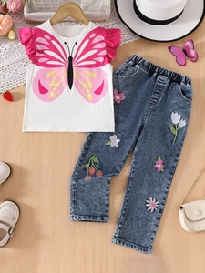 Girls Two-Piece Clothing Set Butterfly Print Flutter Sleeve T-Shirt And Floral Strawberry Embroidered Denim Jeans Outfit
