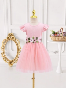 Rosa Prinzessinnenkleid für Mädchen mit Flügelärmeln, Blumenstickerei und Tüllrock im Lagenlook