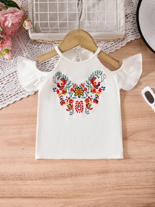 Top bianco a spalle scoperte per bambina con ricami floreali colorati e volant
