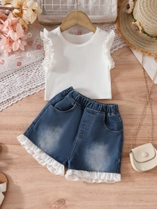 Ensemble de Vêtements d'Été pour Filles Haut en Maille Côtelée Sans Manches à Volants et Short en Denim Décontracté