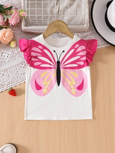 Girls' white cotton T-shirt featuring a large butterfly print and pink ruffle sleeve detail