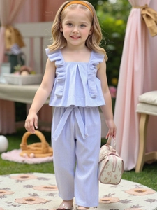 Ensemble de Vêtements d'Été pour Filles en Coton à Rayures Bleues et Blanches Haut Sans Manches à Volants et Pantalon Large