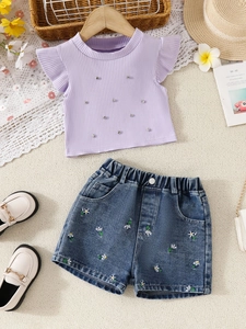 Girls summer set with pearl ruffled lavender top and daisy embroidered denim shorts