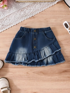 Gonna di jeans blu scuro per bambina con balze a strati ed effetto lavato