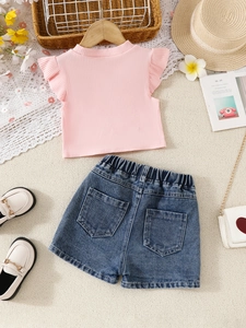 Pink flutter sleeve knit top and embroidered denim shorts summer set for girls