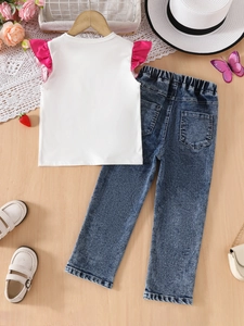 Girls' white t-shirt with pink ruffle sleeves and blue straight-leg jeans outfit set