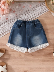 Short en jean bleu foncé pour filles avec volants en dentelle blanche et taille élastique