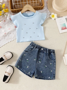 Girls Summer Clothing Set Flutter Sleeve Pearl Top And Daisy Embroidery Denim Shorts Toddler Kids Sweet Cotton Outfit
