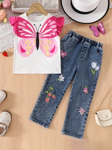 Girls' white T-shirt with pink butterfly and floral embroidered denim pants set