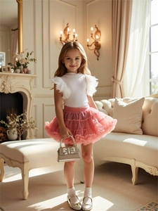 Girl's white ruffle sleeve top and pink tiered mesh tutu skirt set with handbag