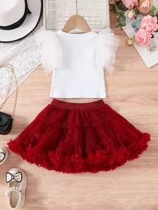 Toddler girl two-piece princess outfit with white knit top and red tulle tutu skirt