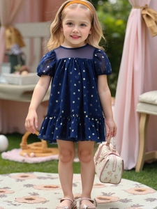 Sleeveless navy blue tulle princess dress with gold polka dots and matching headband