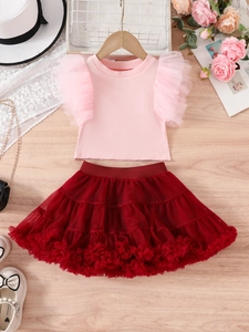 Pink flutter sleeve knit top and red tiered tutu skirt two-piece set for toddler girls