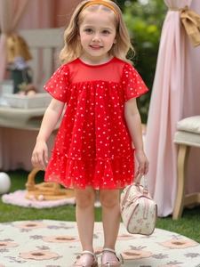 Red princess dress for girls with white heart patterns and elegant pleated mesh hemline