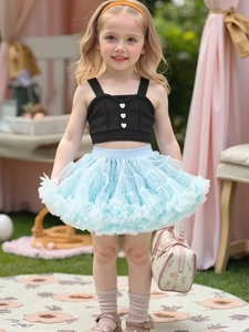 Girls black tank top with heart buttons and light blue layered mesh tutu skirt set