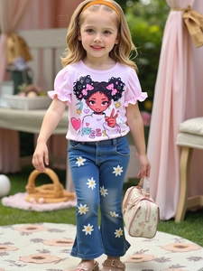 Girls Summer Clothing Pink Puff Sleeve Cartoon Printed Top Daisy Pattern Flare Denim Jeans Sweet Casual Ruffle Outfit