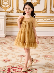 Elegant gold sequin heart princess dress for girls with layered tulle skirt and ruffles