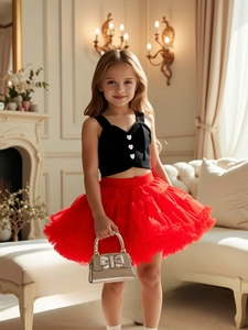 Girls black knitted heart button vest and red layered mesh tutu skirt two-piece outfit set
