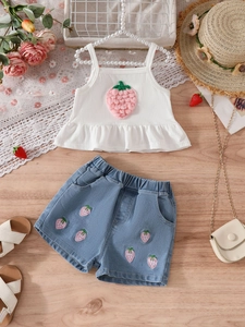 Girls strawberry knit camisole and embroidered denim shorts two-piece summer set