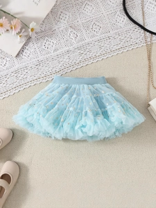 Light blue girls' tutu skirt featuring golden star sequins and tiered mesh layers