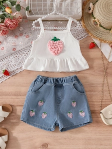 Girls strawberry camisole and embroidered denim shorts set for summer style