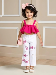 Girls Summer Clothing Set Ruffle Camisole Top And Butterfly Print Ripped Denim Jeans Two Piece Outfit For Kids