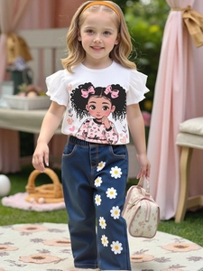 Ensemble T-Shirt en Coton et Jean Été pour Filles Décontracté Imprimé Dessin Animé Manches Bouffantes Pantalon Denim