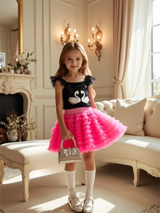 Girls' black swan tank top and layered pink tutu skirt set for festive party occasions