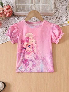 T-shirt rose pour fille avec motif anime doux et manches bouffantes sur cintre