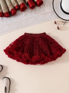 Burgundy multi-layer tutu skirt for girls with elastic waist and soft mesh fabric