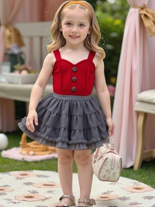 Girls' red knit camisole and grey layered mesh tutu skirt two-piece boutique outfit
