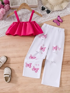 Girls summer two-piece outfit featuring pink ruffle camisole and butterfly printed white jeans