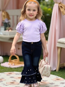 Girls summer set featuring puff sleeve top and pearl-embellished flared denim pants