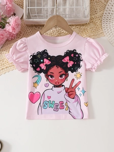 Pink girl's t-shirt with puff sleeves, sweet cartoon graphic and round neck design