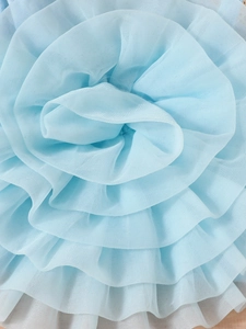 Detail shot of sky blue multi-layered mesh ruffles with delicate tulle texture