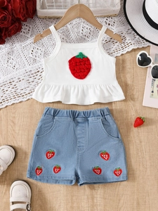 Girls Summer Strawberry Embroidery Outfit Set Cotton Ribbed Camisole Top And Denim Ruffled Hem Shorts Two-Piece Set
