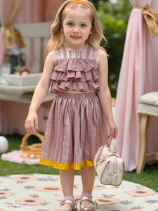 Girls Summer Polyester Two-Piece Outfit Set Sleeveless Ruffle Cake Top And Pleated Skirt Sweet Princess Vacation Clothing