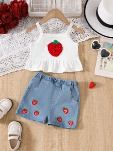Girls summer two-piece outfit with strawberry camisole top and embroidered denim shorts